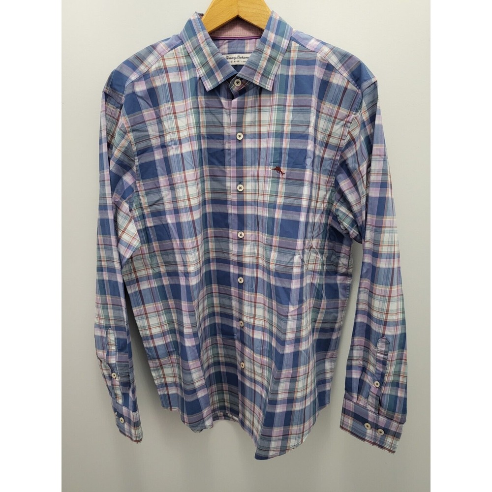 Tommy Bahama Newport Coast Shirt Mens L Blue Plaid Pima Cotton‎ Blend